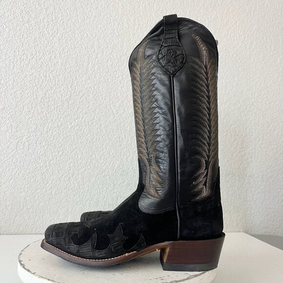 NEW Rod Patrick  Womens Cowboy Boots 7.5E Black Caiman Suede Western Blunt Toe - Picture 5 of 13